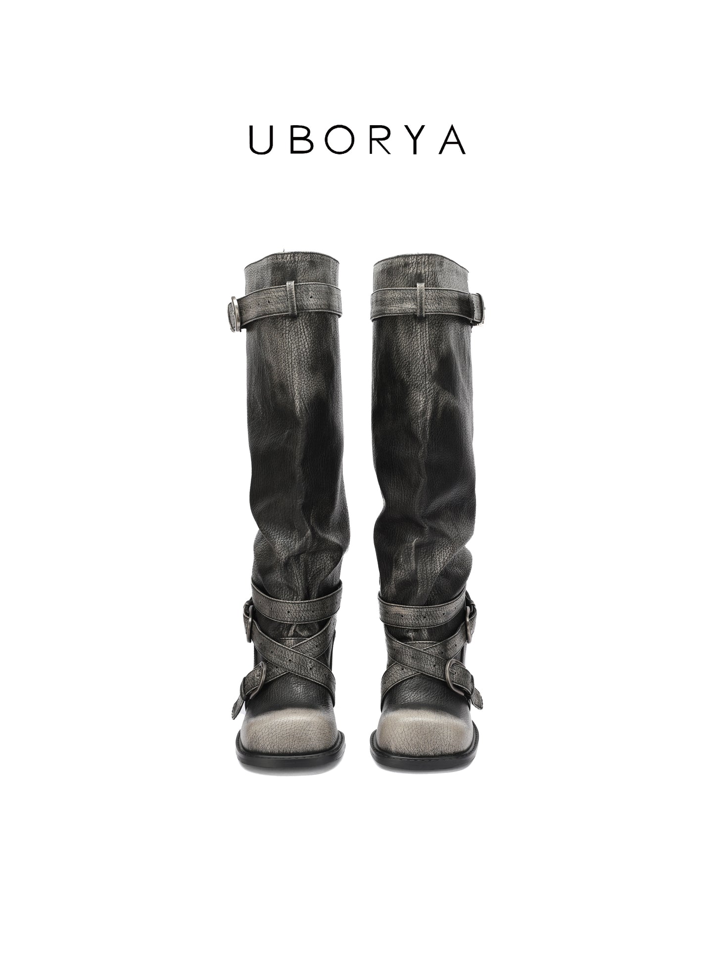 UBORYA Black Slouchy Knee-High Boots with Buckle Straps – 6.5cm Sculptural Kitten Heel Boots for Women | Square Toe | Crinkled Leather Harness Booties