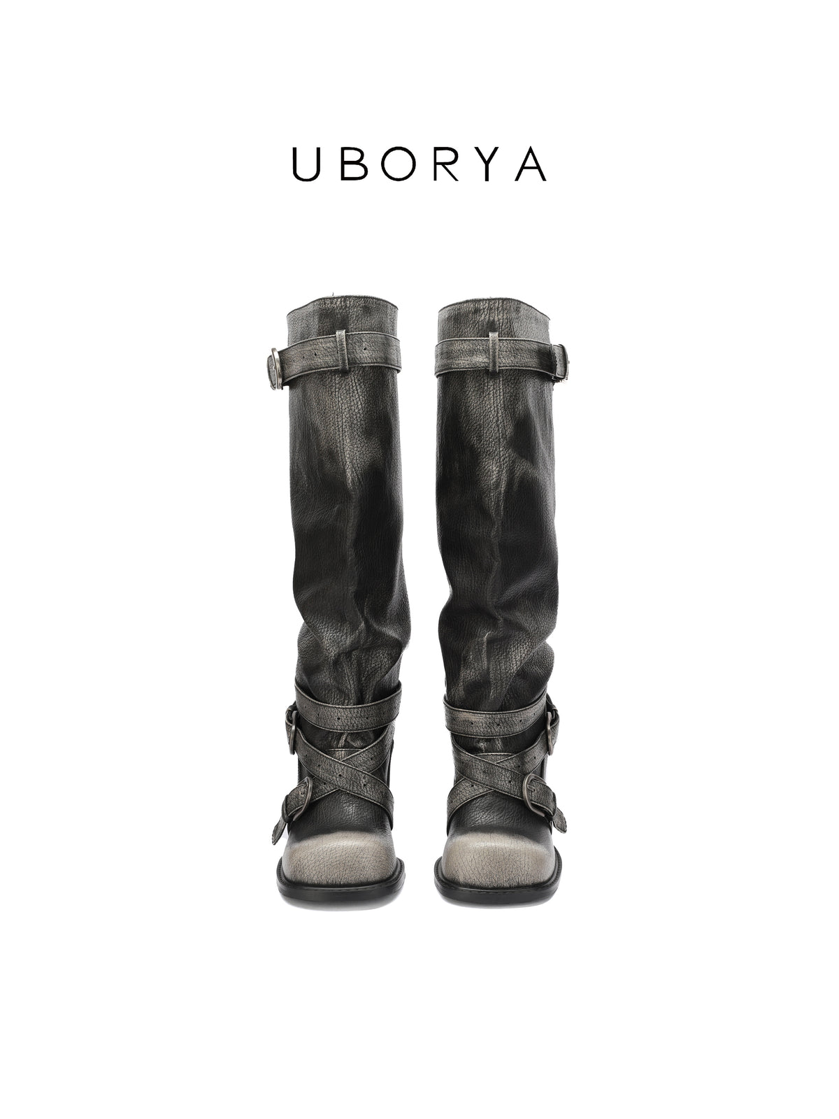 UBORYA Black Slouchy Knee-High Boots with Buckle Straps and Sculptural Heel