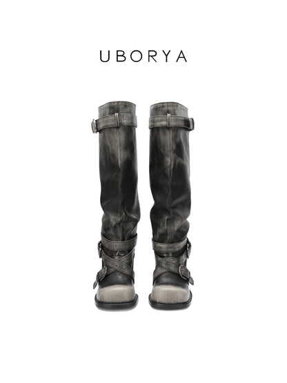 UBORYA Black Slouchy Knee-High Boots with Buckle Straps – 6.5cm Sculptural Kitten Heel Boots for Women | Square Toe | Crinkled Leather Harness Booties