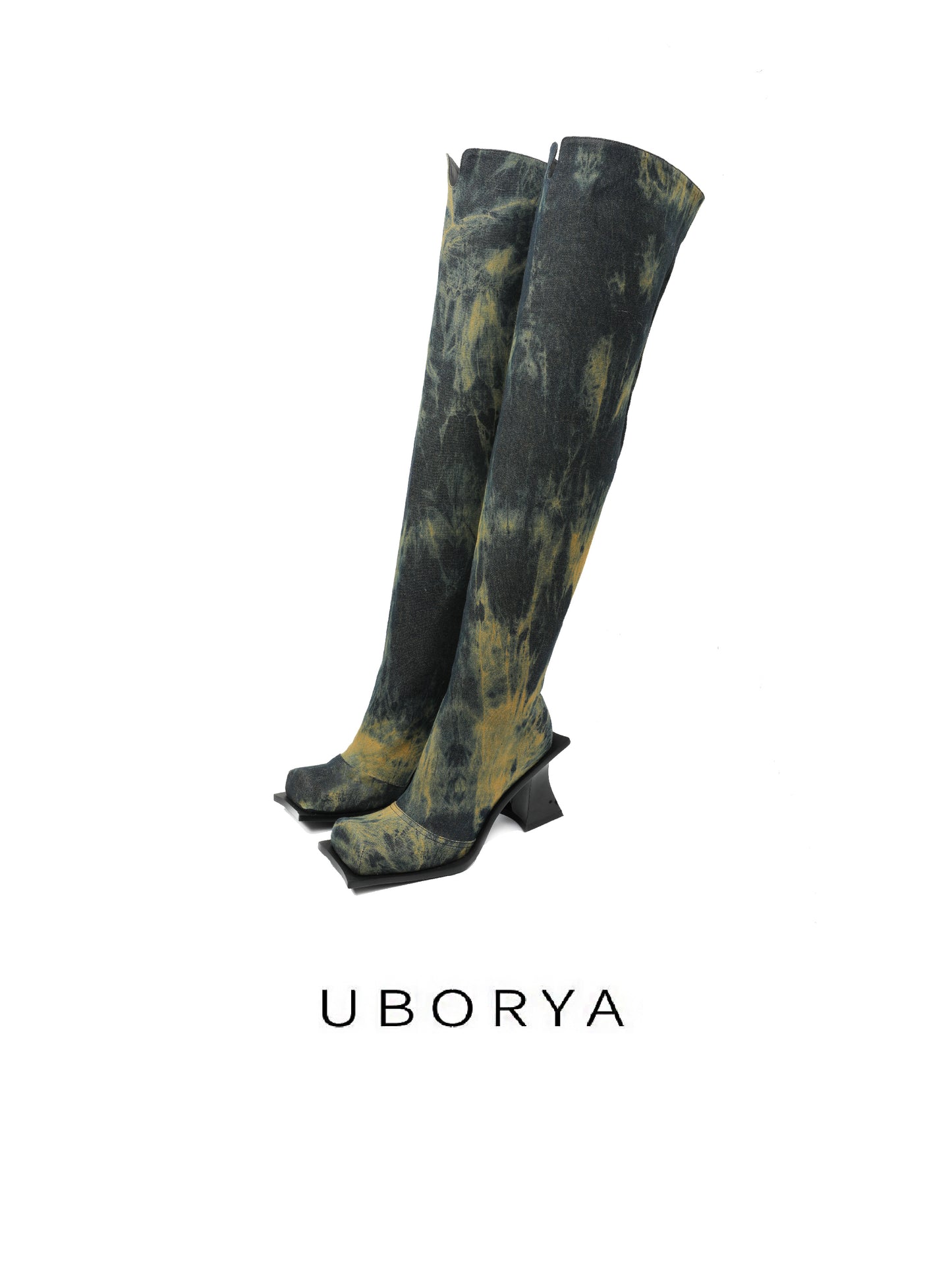 UBORYA Black & Yellow Wash Over-The-Knee Boots – Artistic Knit Thigh Highs for Women | 8cm / 2.0in Block Heel | Square Toe | Edgy Abstract Print Midi Boots