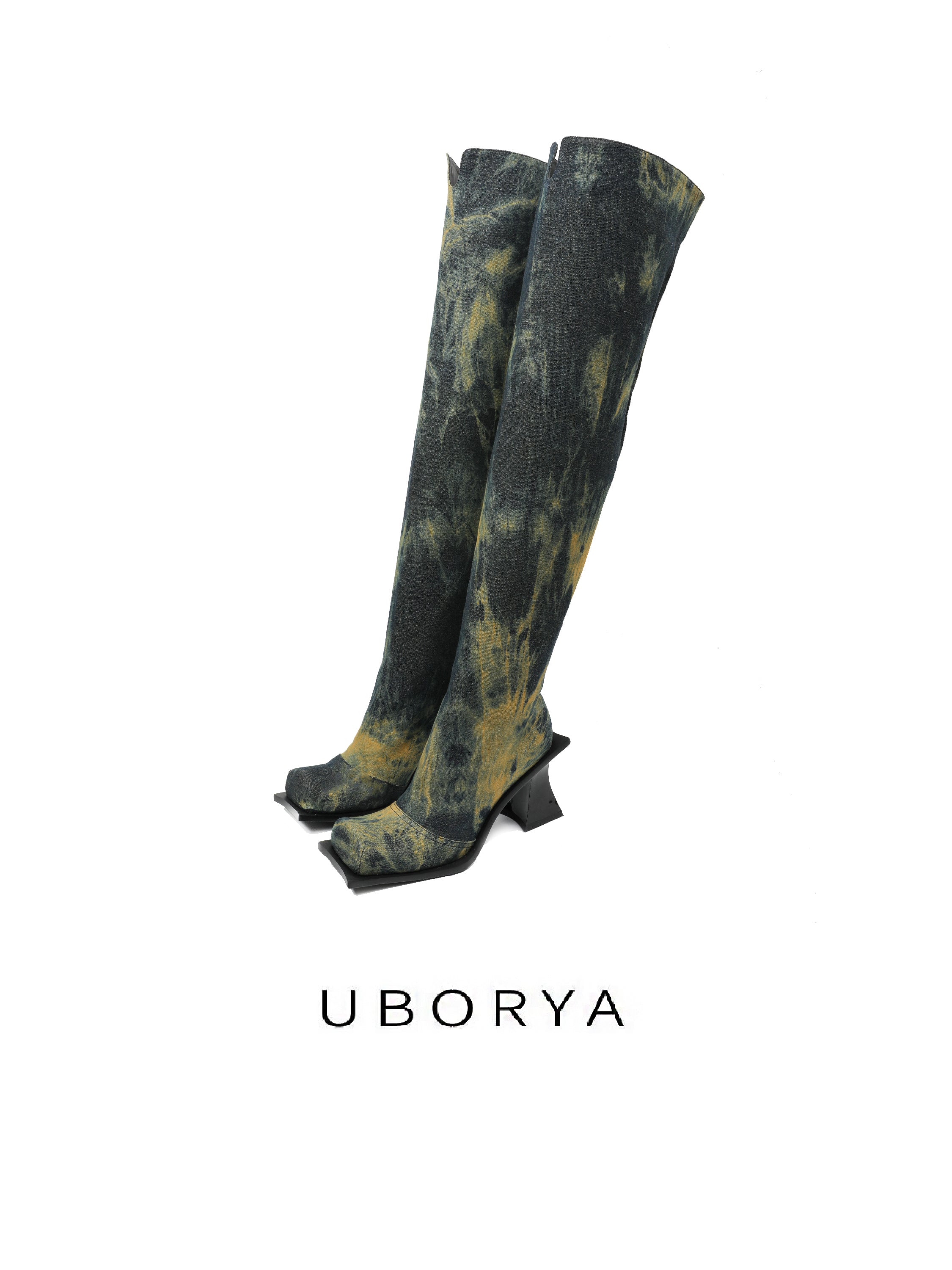 UBORYA Black & Yellow Wash Artistic Knit Over‑The‑Knee Boots 8cm Block Heel