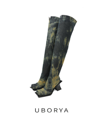 UBORYA Black & Yellow Wash Over-The-Knee Boots – Artistic Knit Thigh Highs for Women | 8cm / 2.0in Block Heel | Square Toe | Edgy Abstract Print Midi Boots