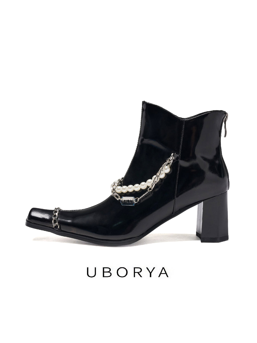 UBORYA Black Patent Leather Ankle Boots Pearl Chain Square Toe Block Heel