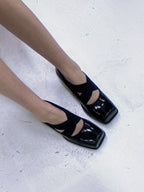 UBORYA Black Patent Square-Toe Wedge Pumps