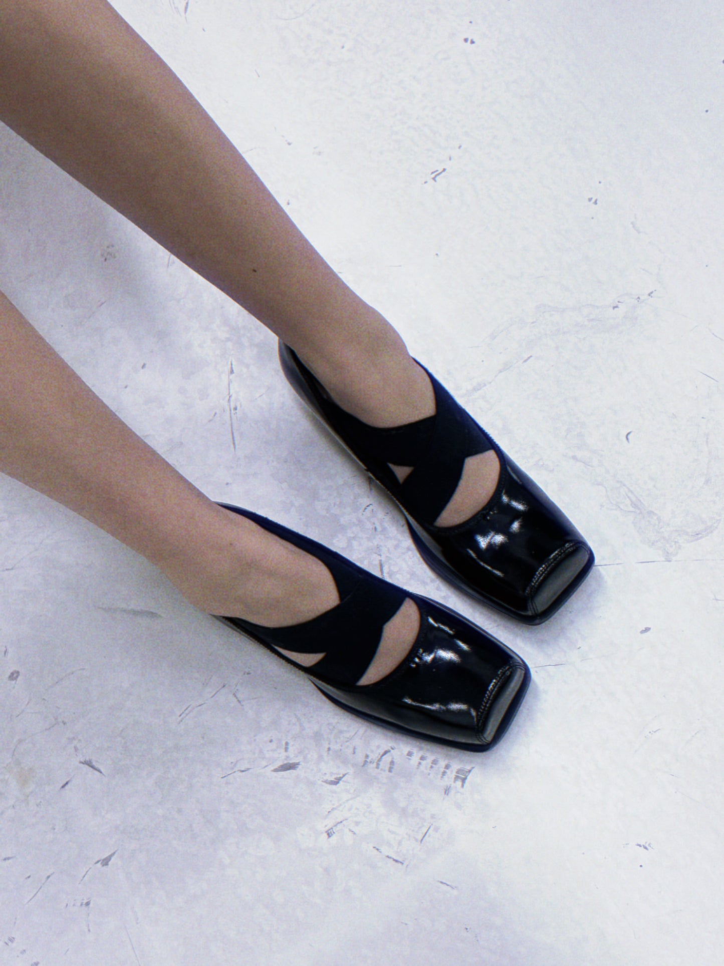 UBORYA Black Patent Square-Toe Wedge Pumps with Elastic Crisscross Straps – Architectural Heels for Women | Minimalist Avant-Garde Footwear | Sleek Power Wedges