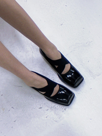 UBORYA Black Patent Square-Toe Wedge Pumps with Elastic Crisscross Straps – Architectural Heels for Women | Minimalist Avant-Garde Footwear | Sleek Power Wedges