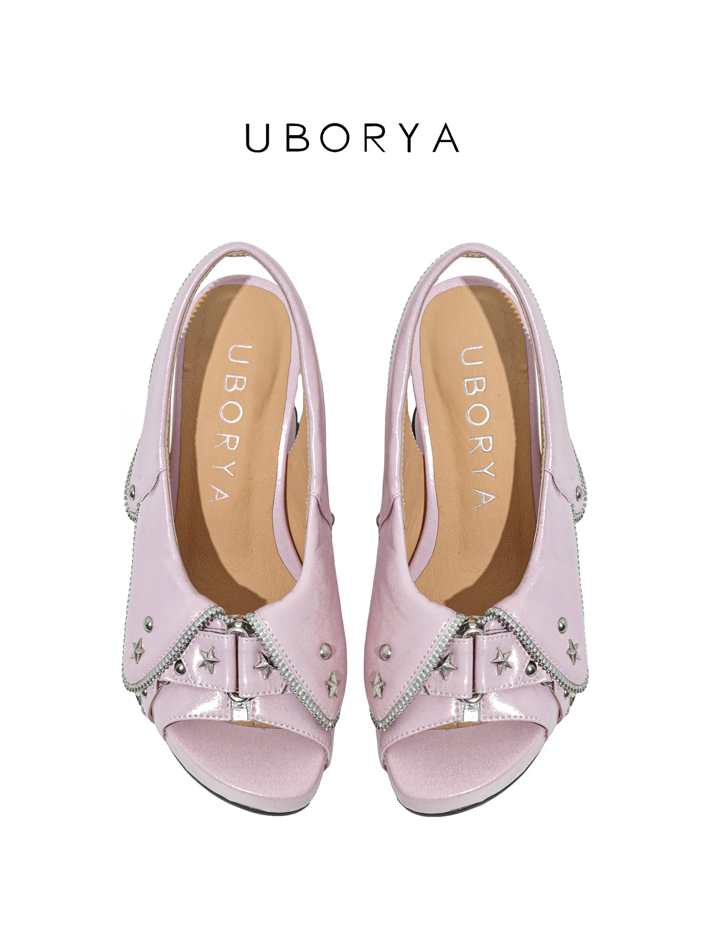 UBORYA Pink Metallic Platform Slingback Heels - Peep Toe Star Stud Zipper Detail Sculptural Heel Sandals