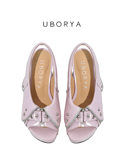 UBORYA Pink Metallic Platform Slingback Heels - Peep Toe Star Stud Zipper Detail Sculptural Heel Sandals
