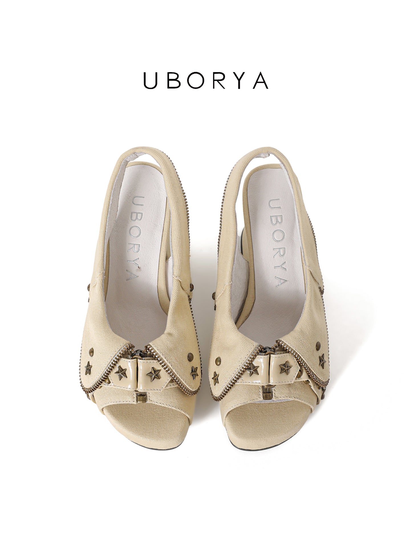 UBORYA Beige Canvas Platform Slingback Heels - Peep Toe Star Stud Zipper Detail Sculptural Heel Sandals