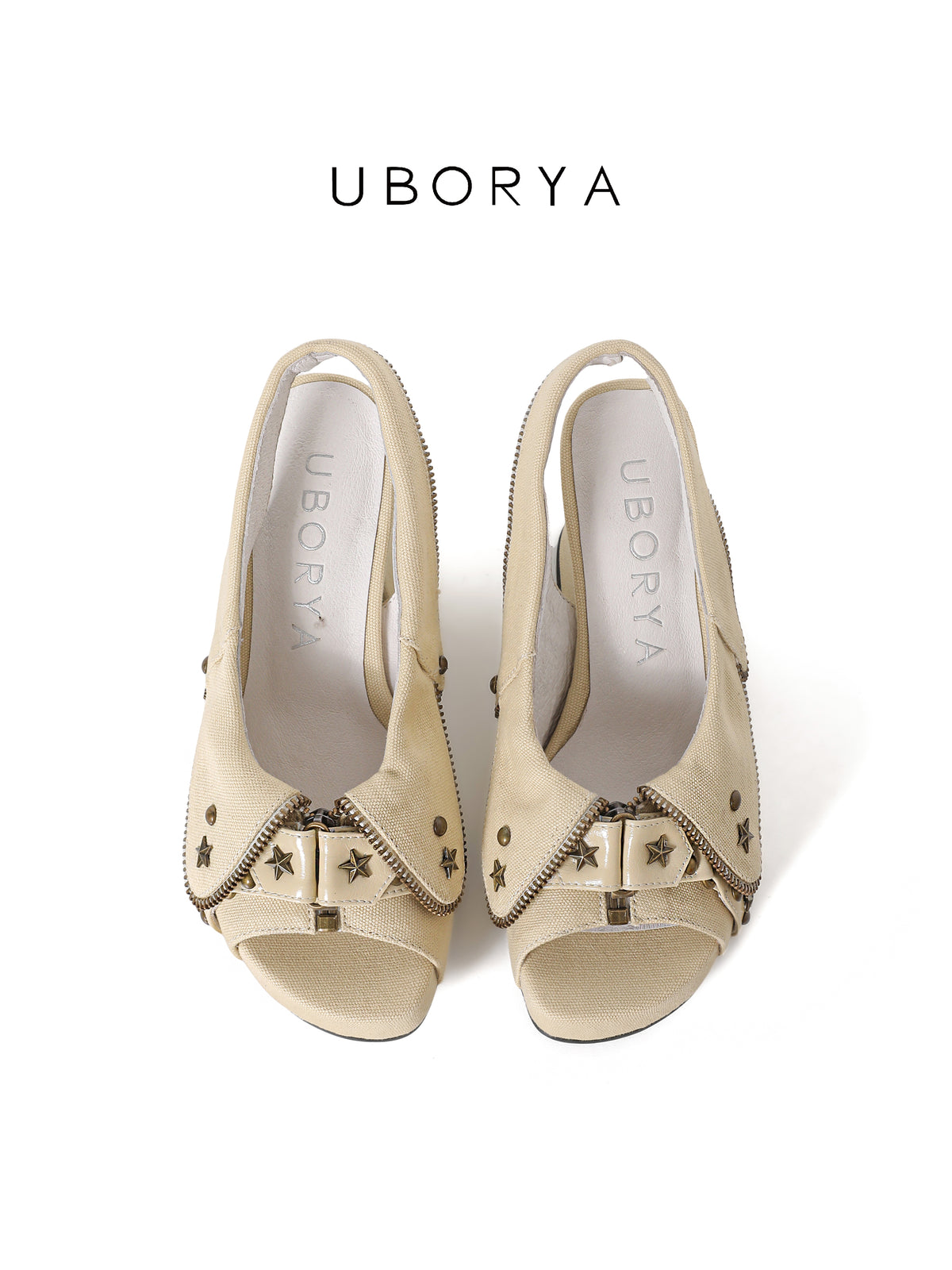 UBORYA Beige Canvas Platform Slingback Heels with Star Studs