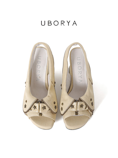 UBORYA Beige Canvas Platform Slingback Heels - Peep Toe Star Stud Zipper Detail Sculptural Heel Sandals