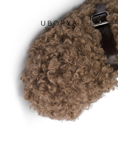 UBORYA Brown Curly Teddy Fur Platform Boots - Buckle Strap Fuzzy Ankle Booties