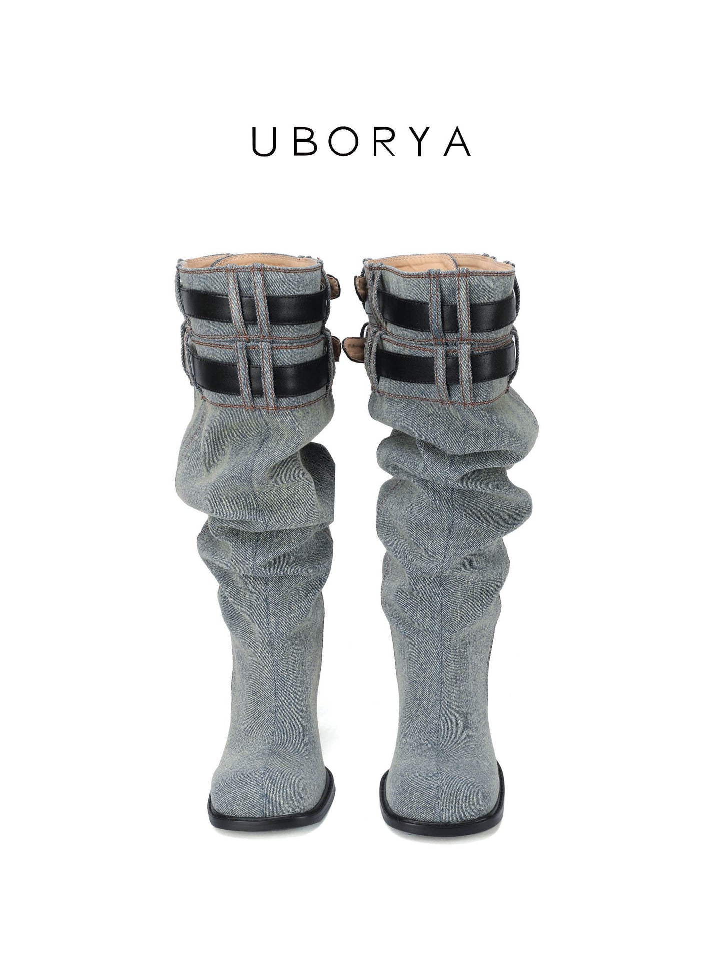 UBORYA Denim Slouchy Knee-High Boots with Black Buckle Straps – Sculptural Kitten Heel Boots for Women | Distressed Jean Booties | Avant-Garde Denim Punk Footwear