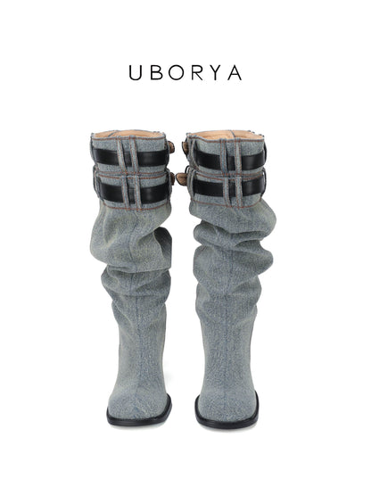 UBORYA Denim Slouchy Knee-High Boots with Black Buckle Straps – Sculptural Kitten Heel Boots for Women | Distressed Jean Booties | Avant-Garde Denim Punk Footwear