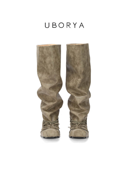 UBORYA Khaki Suede Slouchy Knee-High Boots with Bows – Square Toe Kitten Heel Boots for Women | Ruched Shaft | Side Zipper | Earthy Avant-Garde Booties