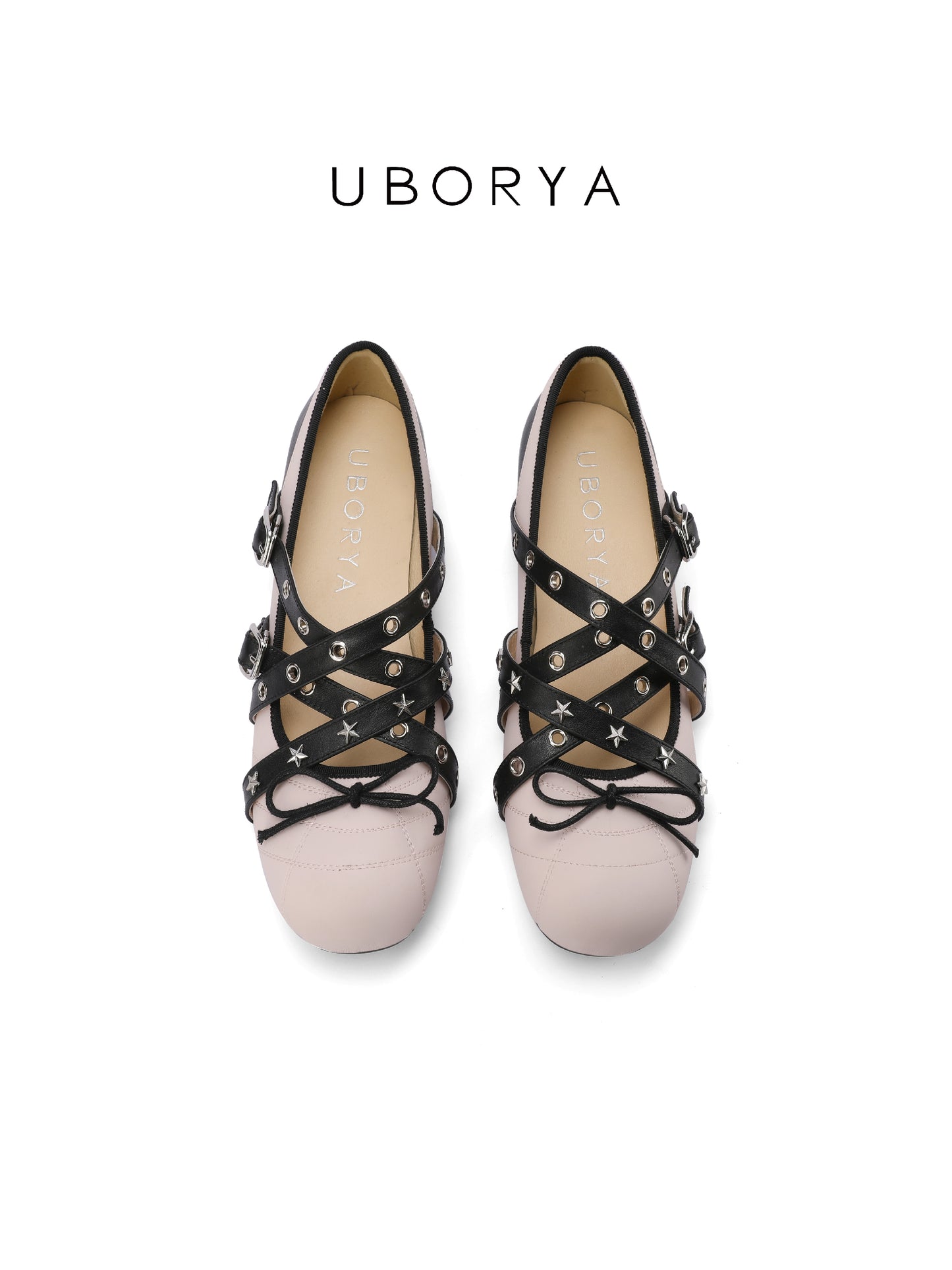UBORYA Pink & Black Star-Cross Mary Jane Flats – Y2K Sweet Punk Ballet Shoes for Women | 2cm / 0.8in Flat Sole | Edgy Lace-Up with Silver Stars & Buckle | Quilted Toe Detail
