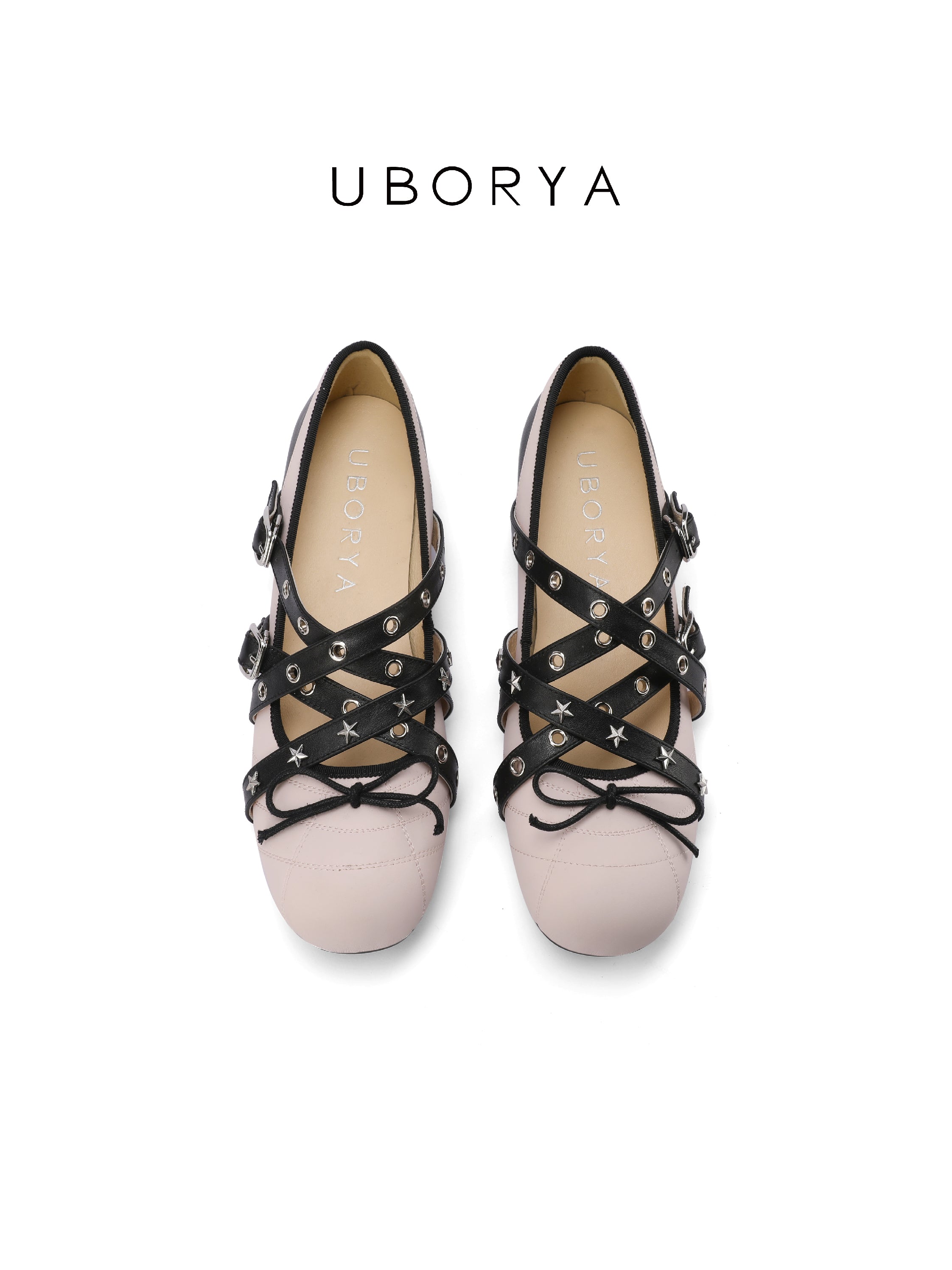 UBORYA Pink & Black Star‑Cross Y2K Sweet Punk Mary Jane Flats