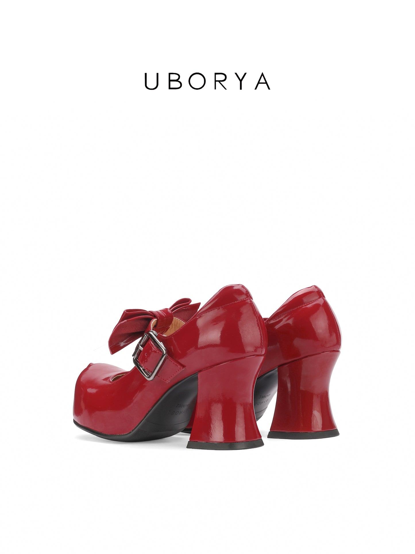 UBORYA Red Patent Leather Mary Jane Platform Heels – Sweet & Bold Chunky Heel Shoes for Women | 8cm / 3.15in Block Heel | Oversized Bow & Buckle Detail | Round Toe Pumps