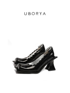 UBORYA Black Patent Leather Scallop Edge Architectural Heel Pumps