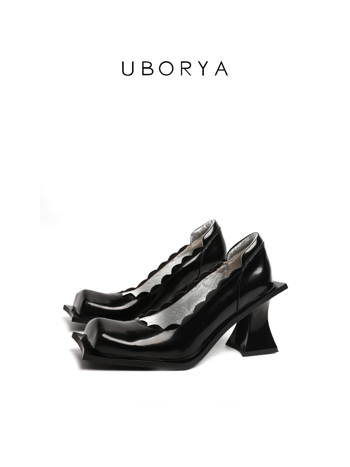 UBORYA Black Patent Leather Scallop Edge Architectural Heel Pumps