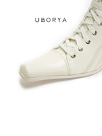 UBORYA Off White Lace Up Ankle Boots Square Toe Block Heel Retro Buckle Detail