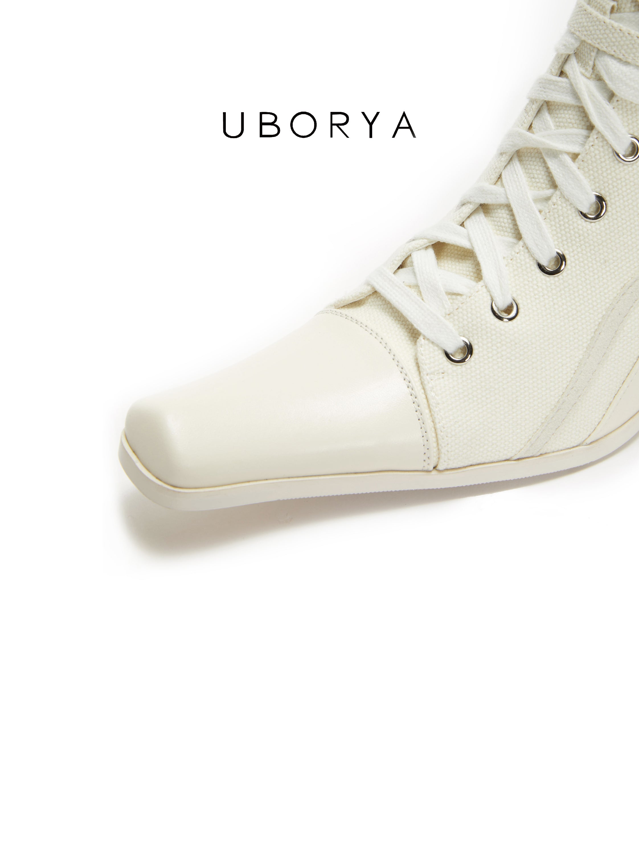 UBORYA Off White Lace Up Ankle Boots Square Toe Block Heel Retro Buckle Detail