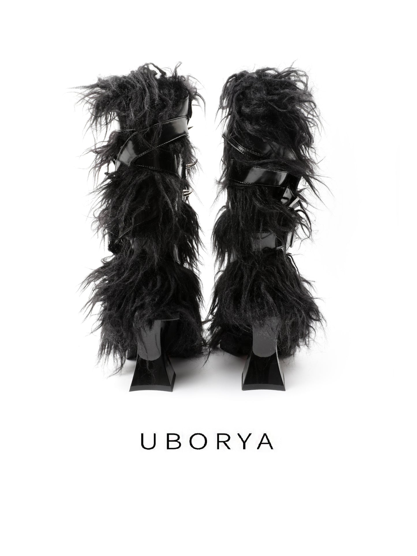 UBORYA Black Avant-Garde Fur & Strap Boots – Gothic Mongolian Faux Fur Midi Boots for Women | 6cm / 2.4in Chunky Heel | Patent Leather & Buckle Accents | Edgy Statement Footwear