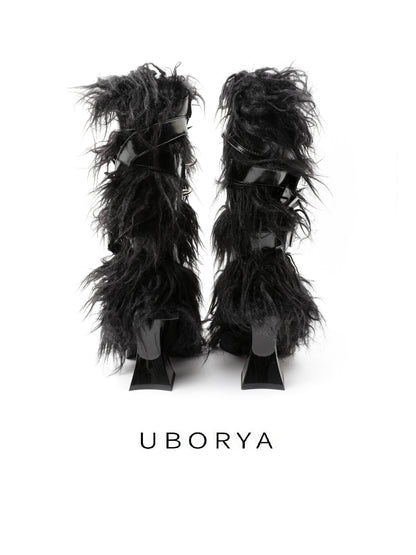 UBORYA Black Avant-Garde Fur & Strap Boots – Gothic Mongolian Faux Fur Midi Boots for Women | 6cm / 2.4in Chunky Heel | Patent Leather & Buckle Accents | Edgy Statement Footwear