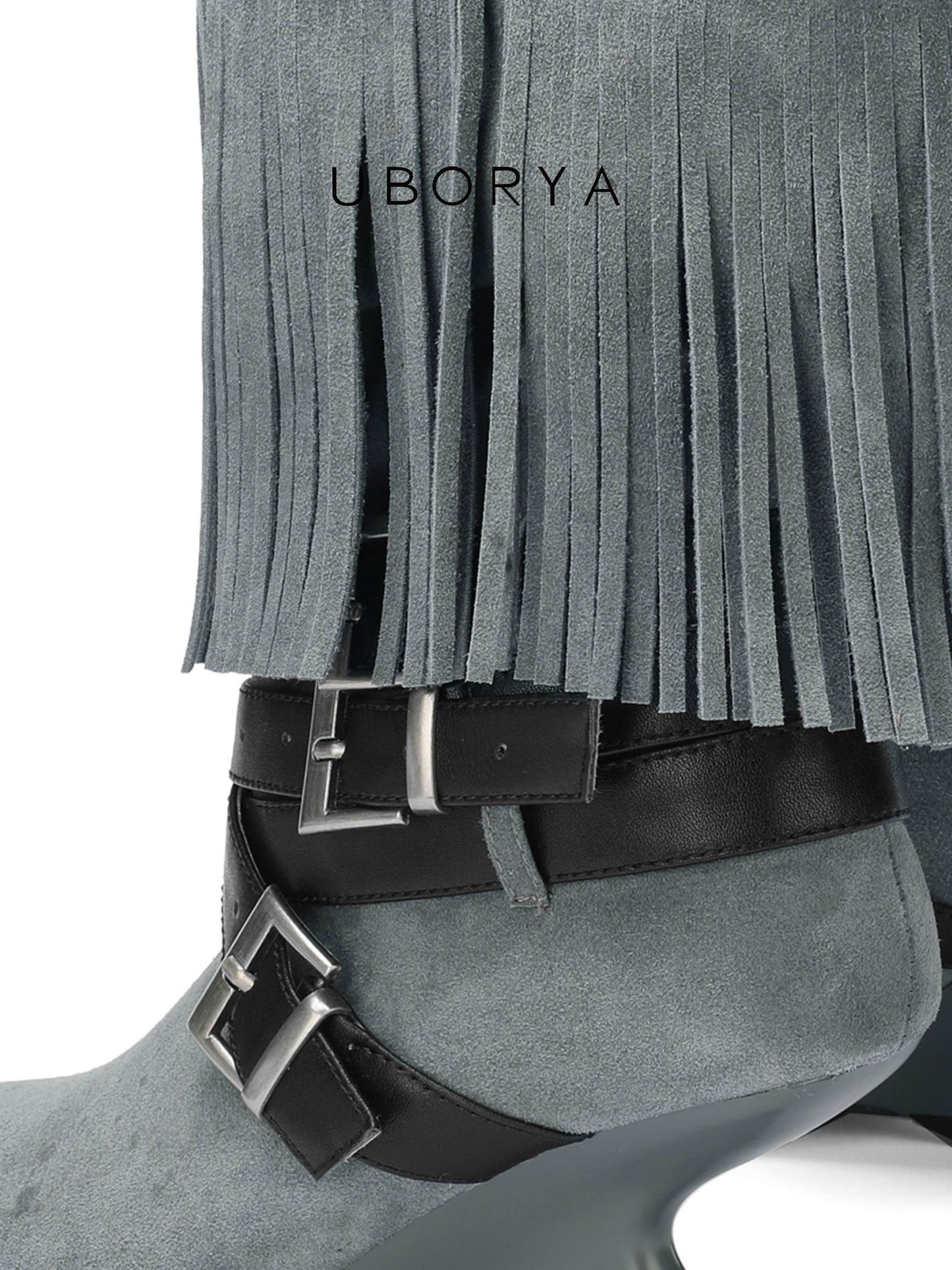 UBORYA Grey Blue Suede Fringe Mid-Calf Boots with Buckle Straps – Sculptural Wedge Heel Boots for Women | Pointed Toe | Western Avant-Garde Booties