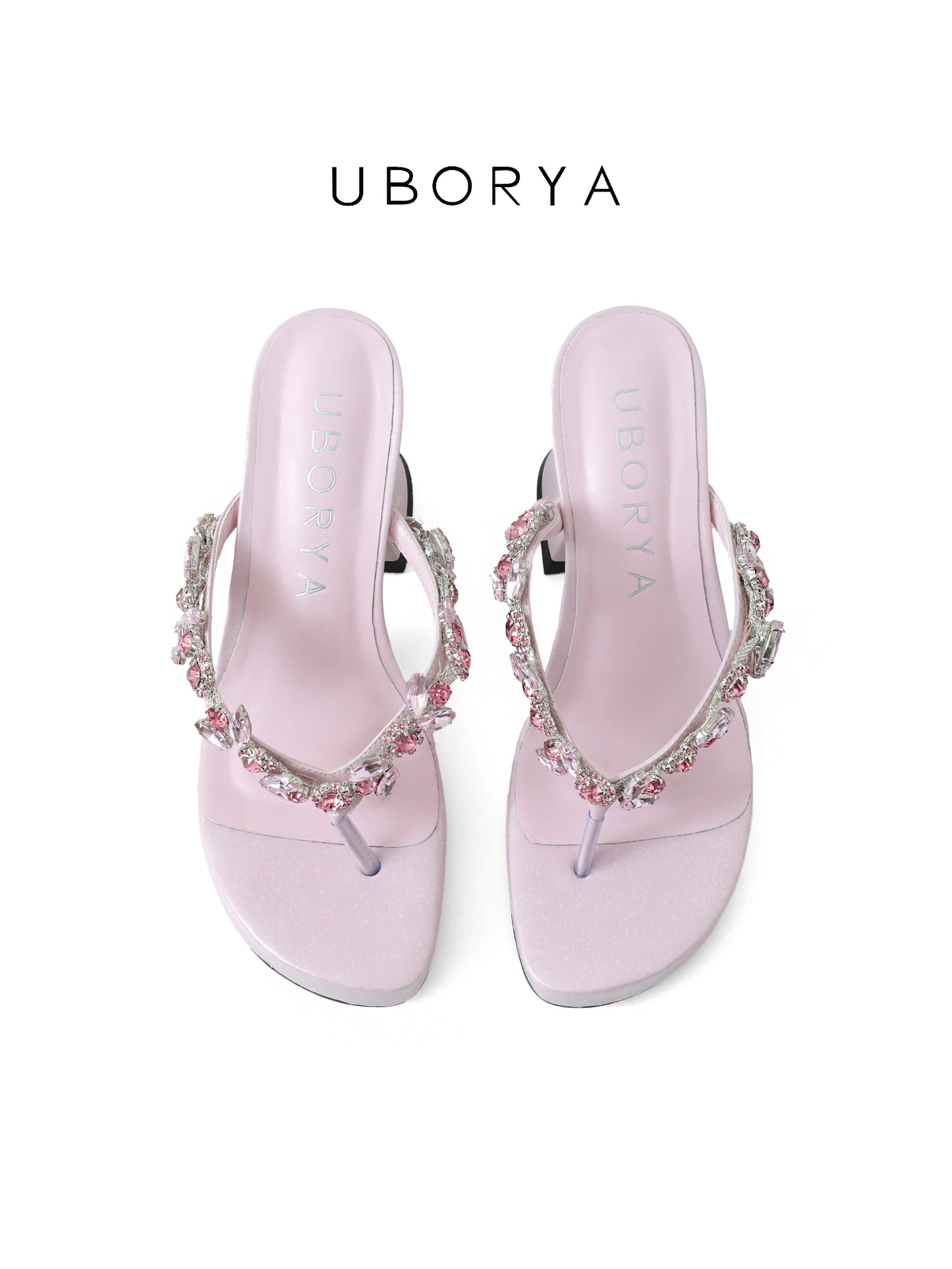 UBORYA Pink Rhinestone Thong Sandals – Glamorous Platform Heels for Women | 8cm / 3.15in Chunky Heel | Crystal Embellished Straps | Square Toe Slip-On Mules
