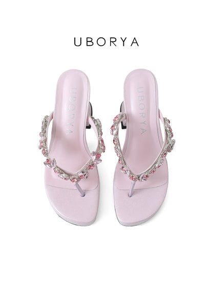 UBORYA Pink Rhinestone Thong Sandals – Glamorous Platform Heels for Women | 8cm / 3.15in Chunky Heel | Crystal Embellished Straps | Square Toe Slip-On Mules