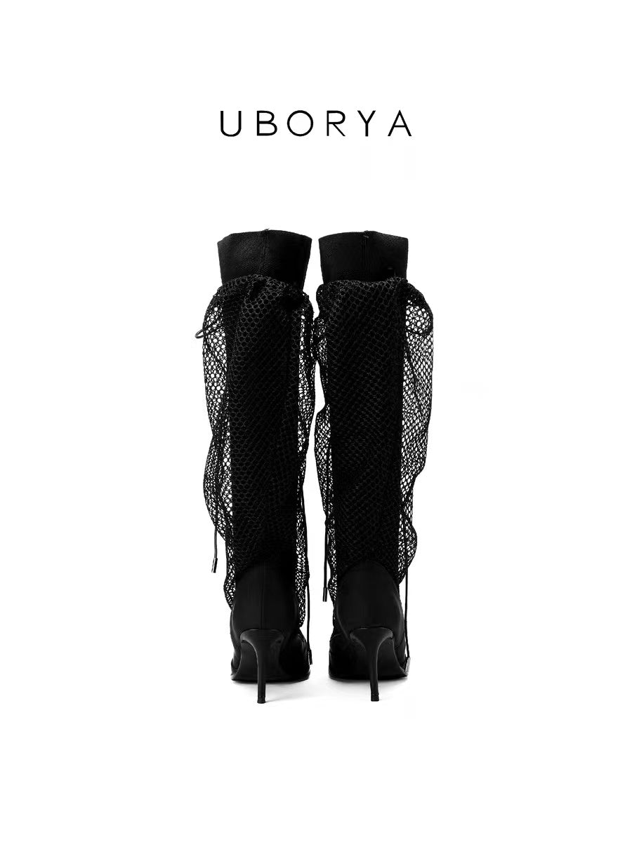 UBORYA Black Fishnet High Heel Boots – Gothic Punk Ankle Boots for Women | 7cm / 2.75in Stiletto Heel | Tie-Up Fishnet Overlay | Peep Toe Slip-On Booties