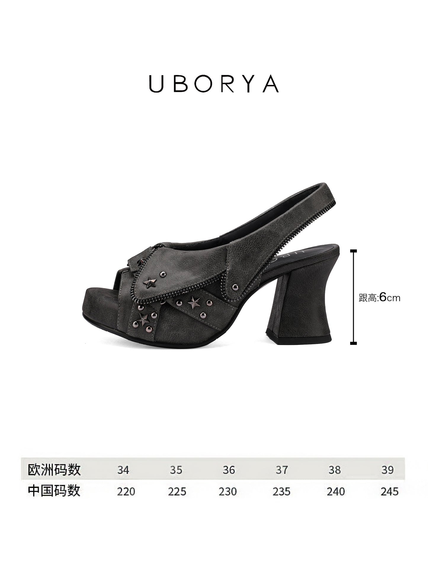 UBORYA Charcoal Grey Distressed Platform Slingback Heels - Peep Toe Star Stud Zipper Detail Sculptural Heel Sandals