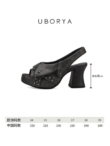 UBORYA Charcoal Grey Distressed Platform Slingback Heels - Peep Toe Star Stud Zipper Detail Sculptural Heel Sandals