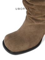 UBORYA Brown Suede Slouchy Knee-High Boots with Buckle Cuff