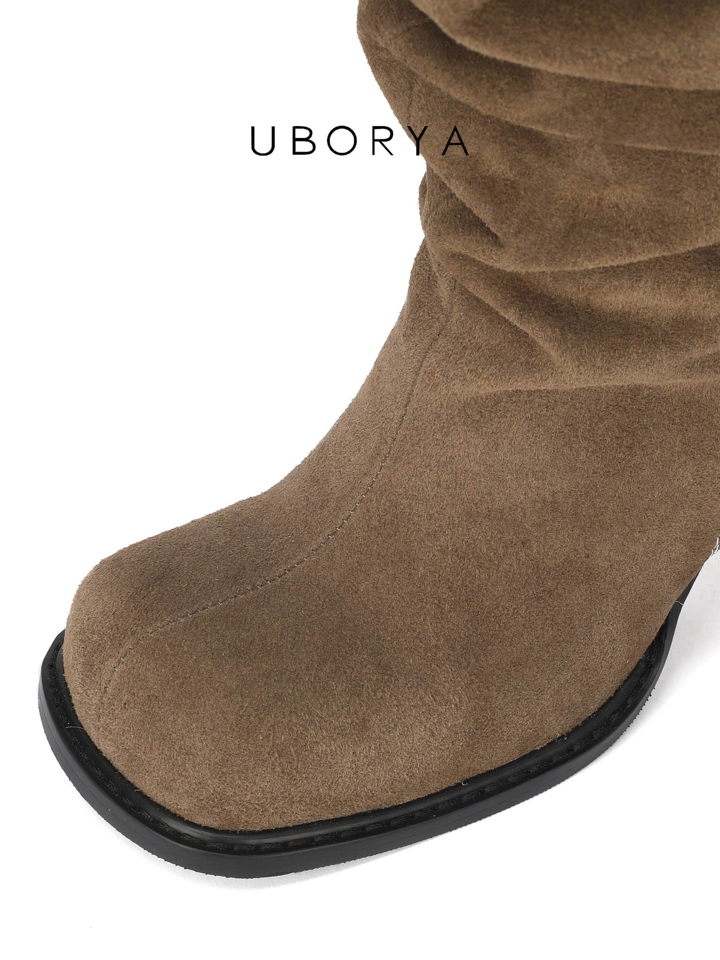 UBORYA Brown Suede Slouchy Knee-High Boots with Folded Buckle Cuff – Sculptural Kitten Heel Boots for Women | Contrast Stitch | Western Utility Harness Booties