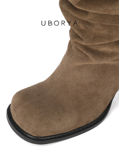 UBORYA Brown Suede Slouchy Knee-High Boots with Folded Buckle Cuff – Sculptural Kitten Heel Boots for Women | Contrast Stitch | Western Utility Harness Booties