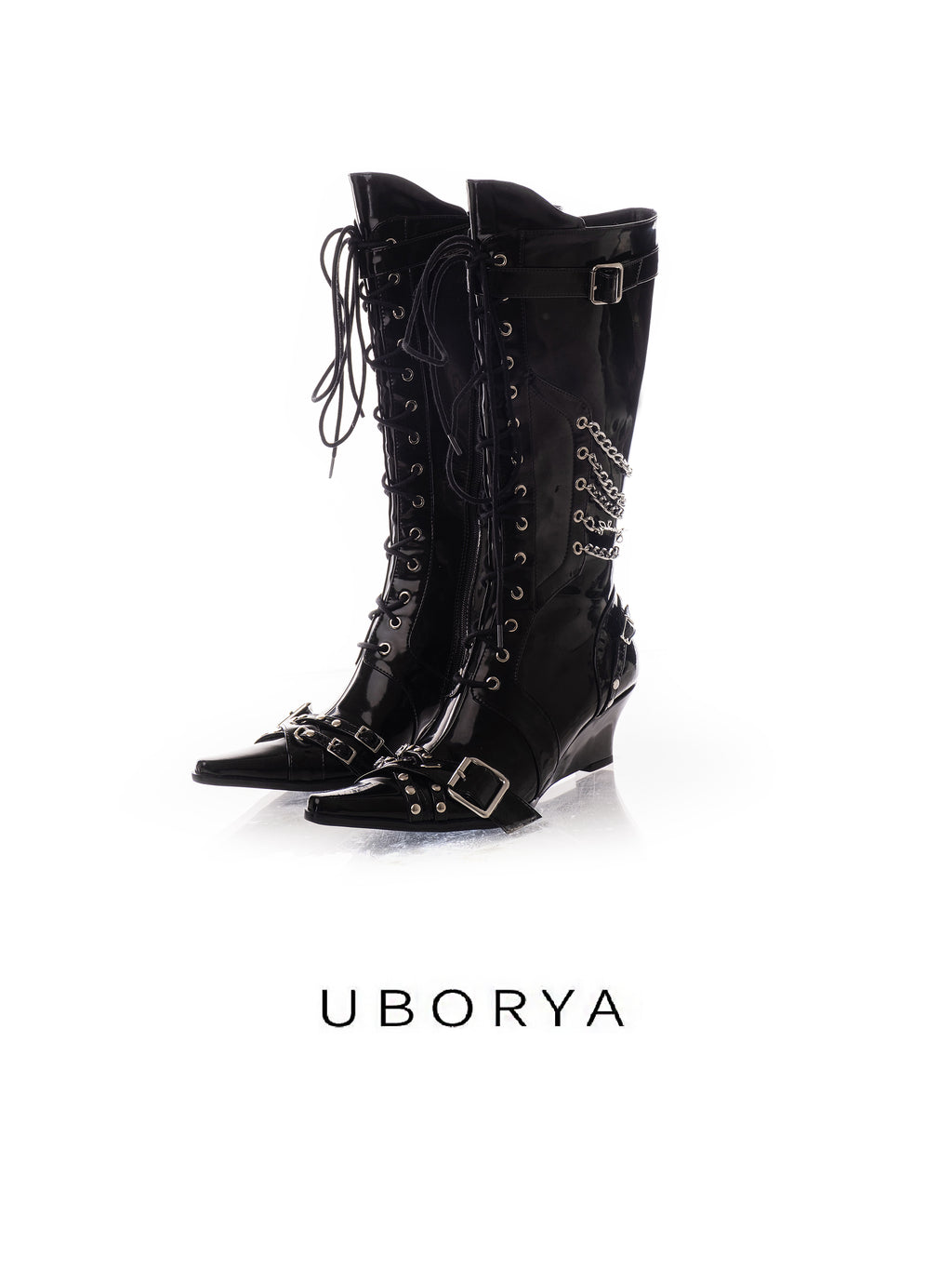UBORYA Black Patent Leather Knee High Wedge Boots Lace Up Chain Buckle Punk Boots