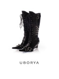UBORYA Black Patent Leather Knee High Wedge Boots Lace Up Chain Buckle Punk Boots