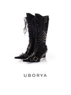 UBORYA Black Patent Leather Knee High Wedge Boots Lace Up Chain Buckle Punk Boots