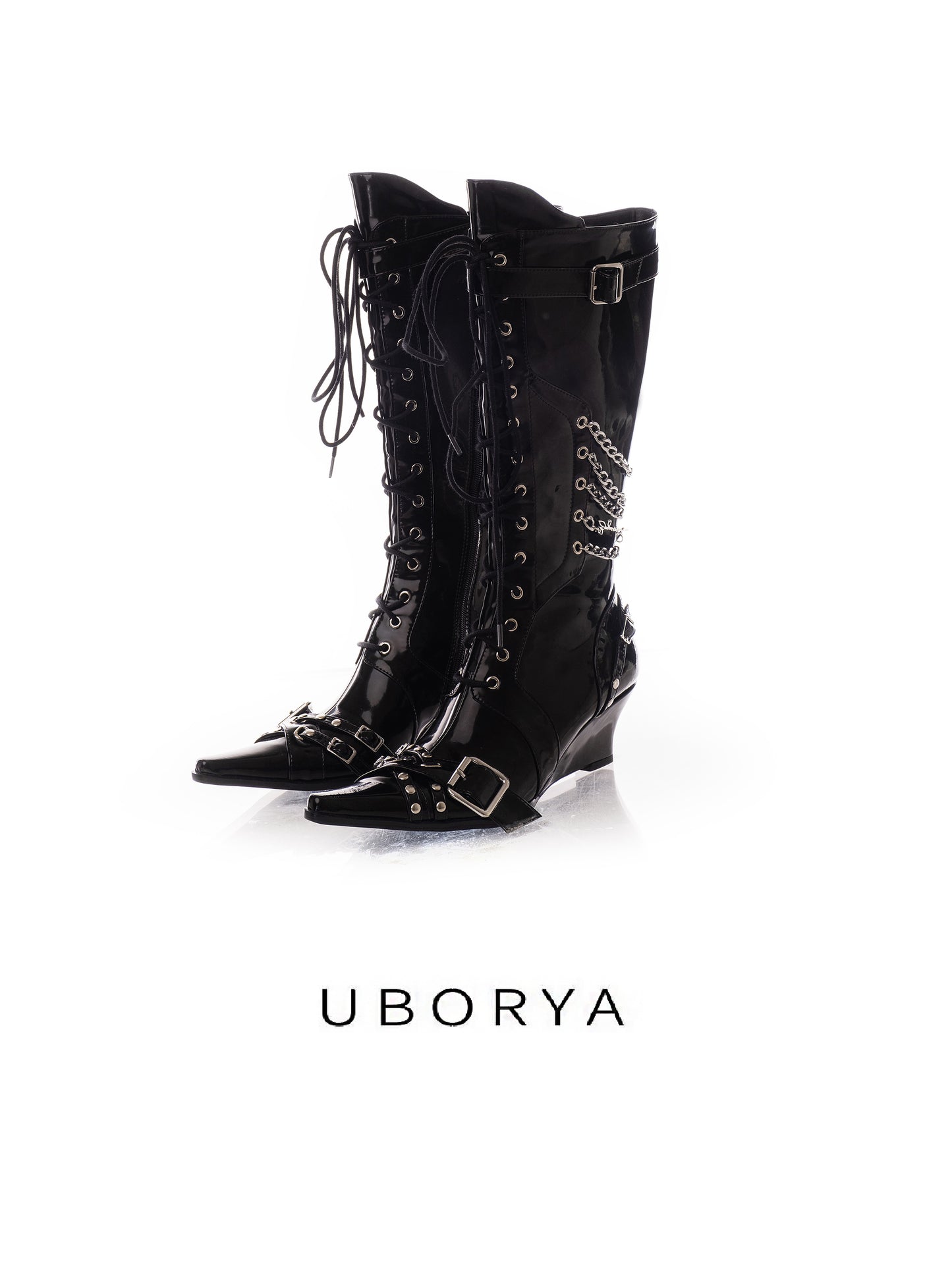 UBORYA Black Patent Leather Knee-High Wedge Boots - Lace-Up Chain Buckle Punk Gothic Tall Boots