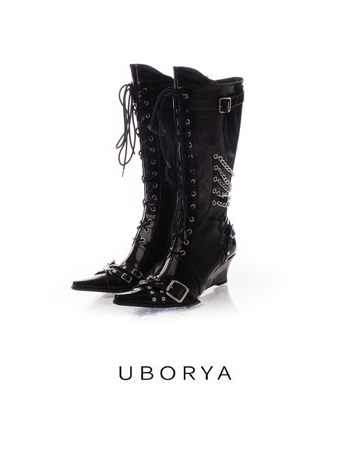 UBORYA Black Patent Leather Knee High Wedge Boots Lace Up Chain Buckle Punk Boots