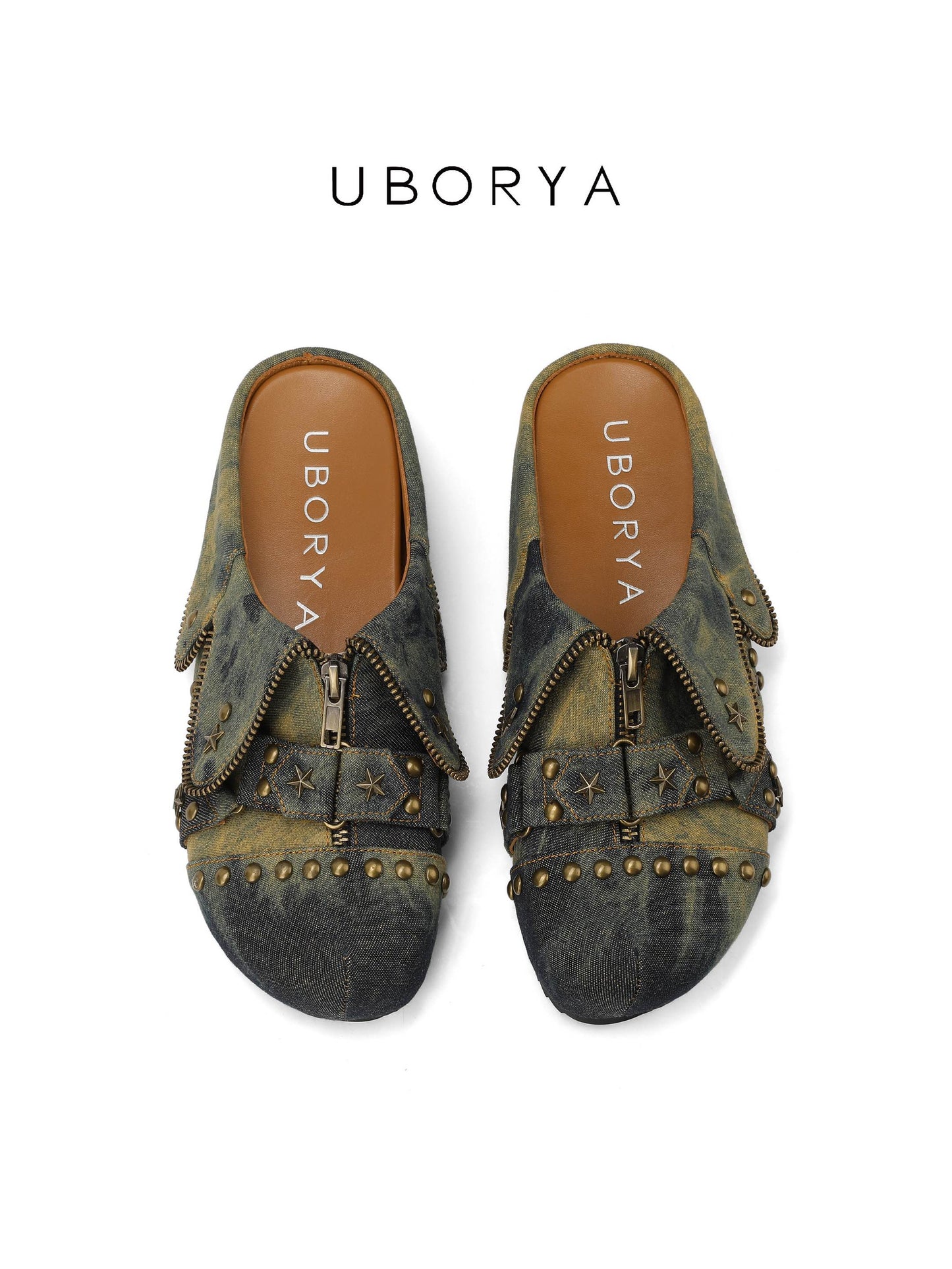 UBORYA Distressed Denim Slip-On Mules with Zipper & Brass Studs – Star Accent Slides for Women | Grunge Punk Utility Footwear | Vintage Wash Clogs