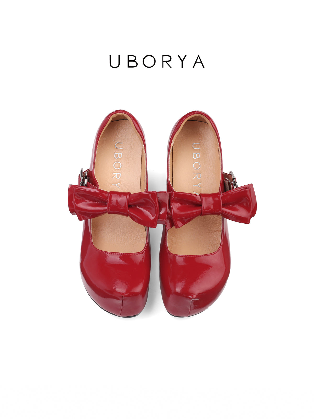 UBORYA Red Patent Leather Mary Jane Platform Heels, Sweet & Bold Oversized Bow & Buckle Round Toe