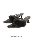 UBORYA Black Glitter Fur Trim Leather Mules Pointed Toe Sculptural Heel Shoes