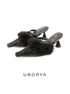 UBORYA Black Glitter Fur Trim Leather Mules Pointed Toe Sculptural Heel Shoes