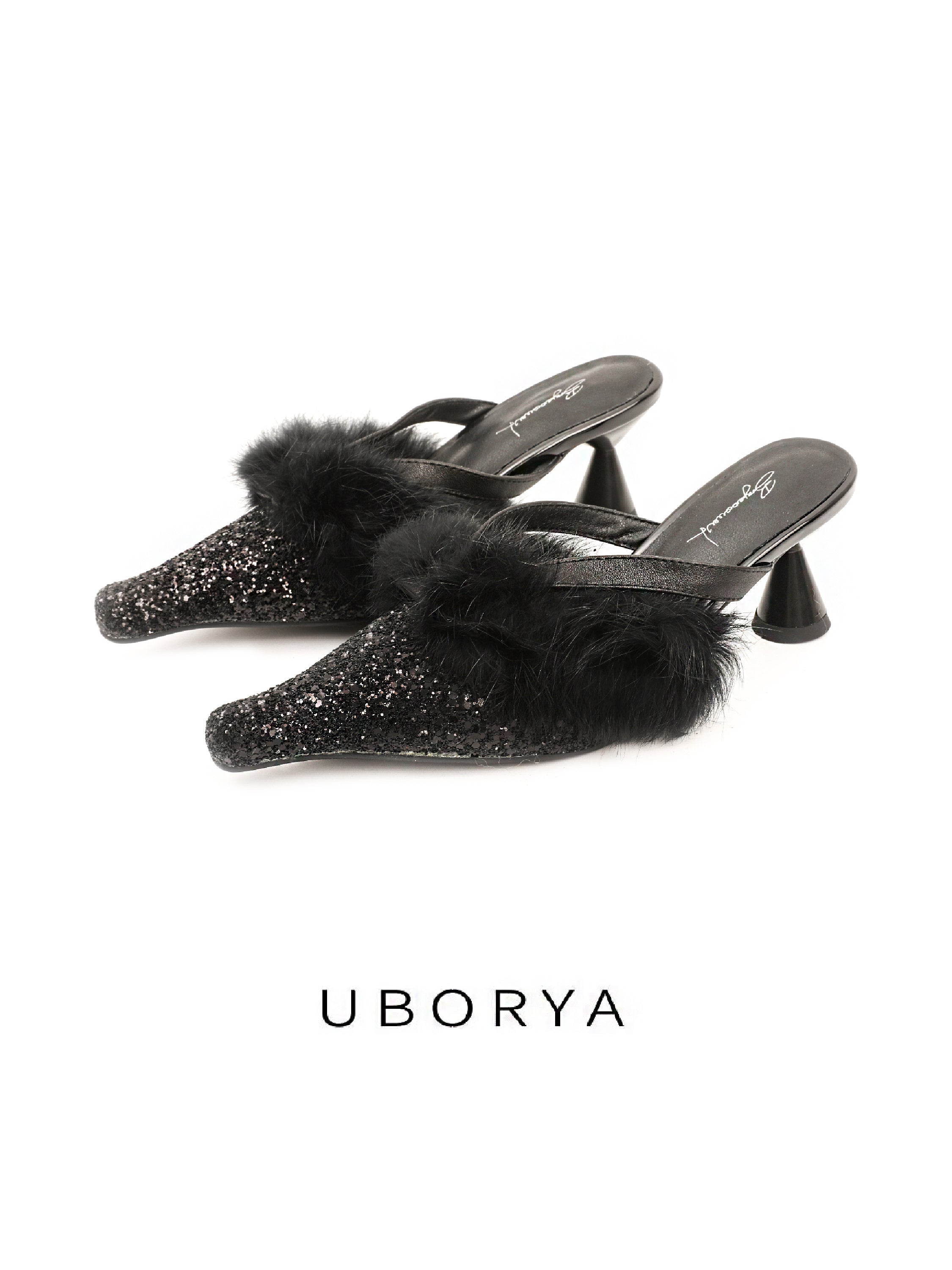 UBORYA Black Glitter Fur Trim Leather Mules Pointed Toe Sculptural Heel Shoes