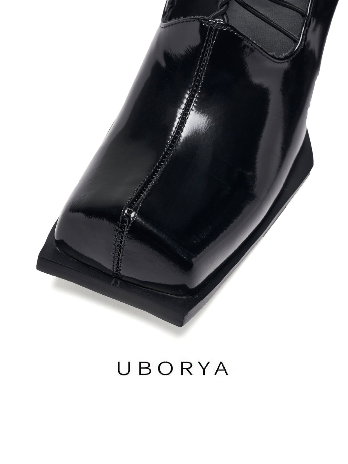 UBORYA Black Patent Leather Lace Up Pumps Angular Square Toe Block Heel Shoes