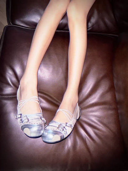 UBORYA Silver Metallic Mary Jane Flats – Y2K Futuristic Ballet Shoes for Women | 2cm / 0.8in Flat Sole | Mixed Media with Cowhide & Suede | Double Buckle & Lace-Up Detail