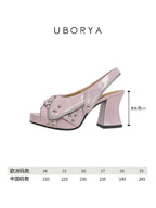 UBORYA Pink Metallic Platform Slingback Heels with Star Studs & Zipper Detail